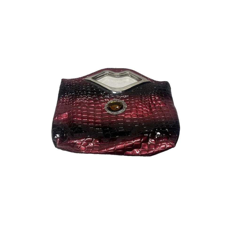 Burgundy Ombre Faux Croc Lip Handle Clutch Bag Amber Jewel Accent Patent Finish